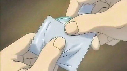 Anime hands tearing open blue condom wrapper in hentai scene