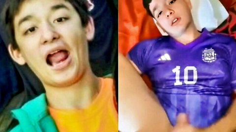 Mixed Asian twink in Argentina jersey fucked bare by brother