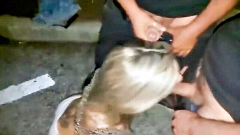 Italian blonde wife surrounded by men in outdoor amateur gangbang