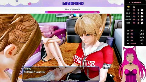 Lewd VTuber neko seduces busty blonde anime girls in Harem Hotel scene