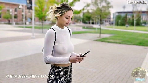 Rachel from Bitchinbubba in sheer white top and plaid skirt on campus