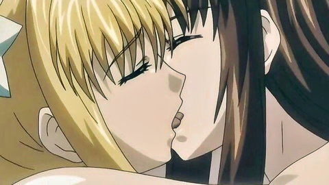 Passionate hentai yuri kiss between blonde ponytail girl and brunette beauty