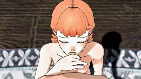 Orange-haired nude hentai girl with small tits pursing lips on thick cock tip during blowjob.