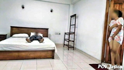 POV Sri Lankan stepmom in short floral dress seducing man on bed