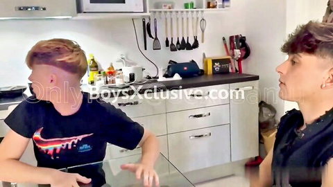 Samuele Cunto chats threesome plans with curly-haired twink in kitchen