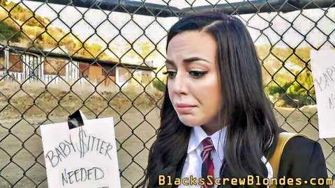 Casey Calvert & Whitney Wright as sad brunettes in school uniforms behind fence, babysitter roleplay