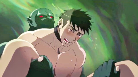 Green goblin hands groping collared muscular hunk's bare pecs in gay 3D gangbang ecstasy
