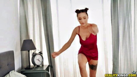 Liya Silver in red satin lingerie, seductive pose with space buns