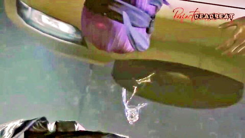 Young kunoichi in purple ninja outfit performs deep sucking near yellow car in wet scene