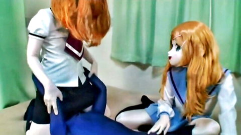Kigurumi anime mask girls in school uniforms, one pulling down panties on the other