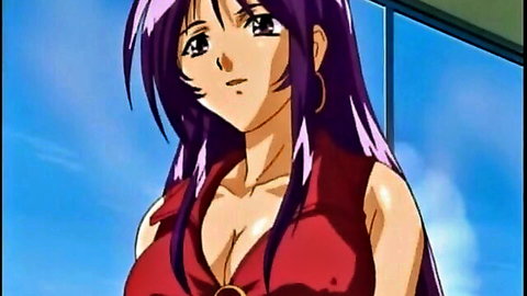 Purple-haired hentai babe with big tits in red top, outdoor couple sex tease
