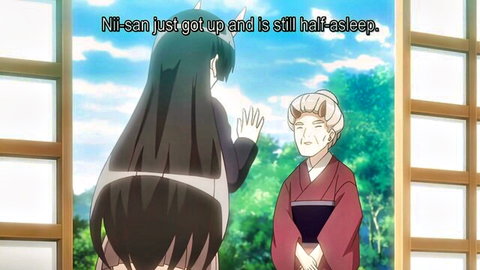 Busty green-haired hentai girl waving to smiling old lady in red kimono outdoors