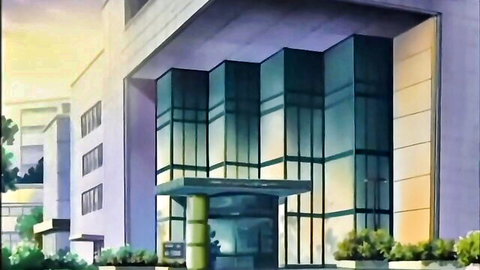 Anime cartoon teen squirting scene at modern glass building entrance