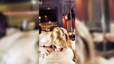 Redhead lesbian cunnilingus in kitchen, blonde woman licking nude partner's pussy