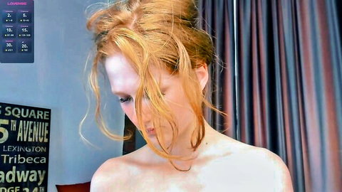 Silkencrave topless redhead teen girl on Chaturbate, bare shoulders and messy bun