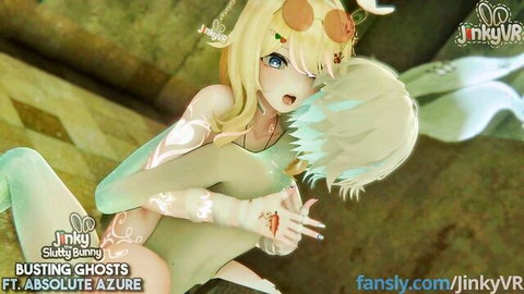 Blonde bunny girl intimately embraced by ghostly figure in VR hentai style