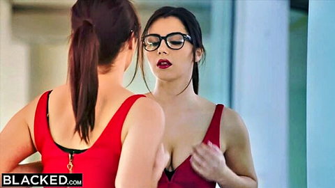 Valentina Nappi in red dress showing cleavage in mirror, Blacked