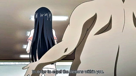Hentai girl with long black hair turns as muscular nude man reaches from behind to expel demons