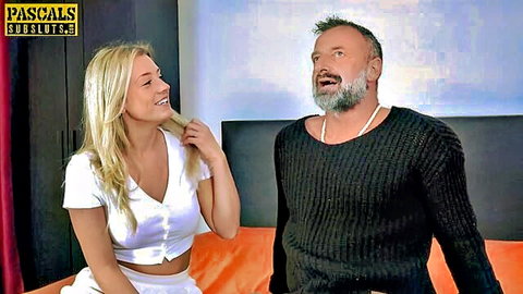 Blonde cutie in white crop top dominated by bearded Pascal White