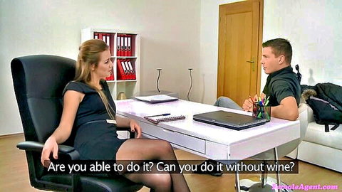 Alexis Crystal in Female Agent casting interview, sexy brunette in black dress