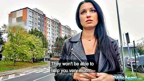 Ania Kinski MILF in Public Agent outdoor scene, looking concerned in leather jacket
