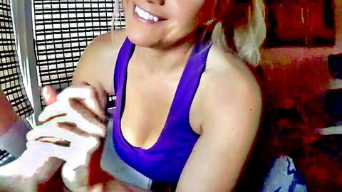 Blonde babe smiling with big tits cleavage in purple tank top car POV