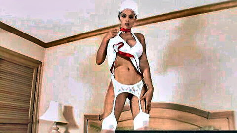Young brunette nurse in open white uniform teasing toned midriff garters and stockings