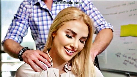 Kenzie Anne huge tits blonde smiling as man massages her neck