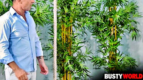 Handsome man in open blue shirt and white pants standing by bamboo plants watching intently