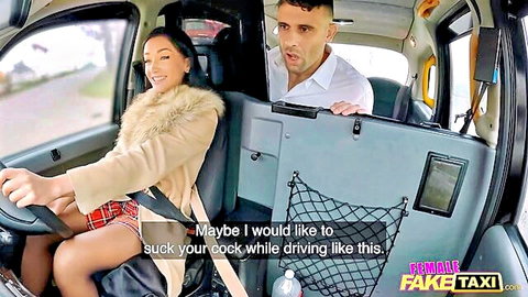 Asian babe in fur coat hikes plaid skirt teasing taxi driver with blowjob offer