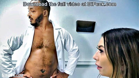 Draven Navarro shirtless in open lab coat with Kat Dior in doctor roleplay