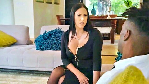 Curvy brunette with huge tits in tight zipper dress teases black stud on couch