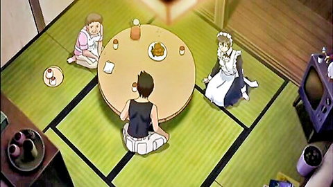Anime maids in aprons serving dinner to young man in hentai ep 1