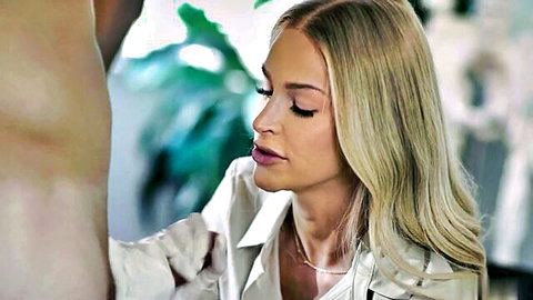 Emma Hix blonde in white blouse touching man's abs intimately
