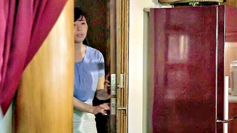 Frustrated Japanese wife in blouse and skirt at door, JAV thumbnail