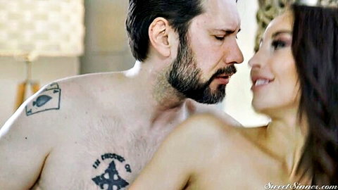 Melissa Stratton in intimate cheating embrace with tattooed man