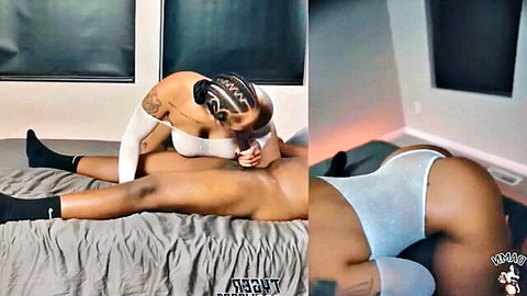 Ebony MILF with big tits and huge ass squats on big black cock in white thong on bed