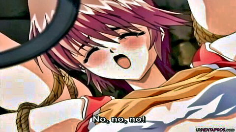 Bound pink-haired hentai girl with ahegao orgasm face mouth open screaming no no no