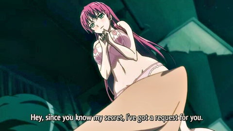 Pink-haired anime hentai babe with huge tits in skimpy pink lingerie making naughty request