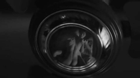 Nude Indian woman with small tits spreads legs as man licks her pussy in erotic bowl reflection