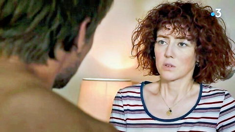 Blandine Bellavoir in sexy French intimate scene, redhead in striped top