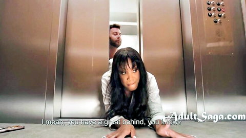 August Skye stuck on elevator floor, Seth Gamble eyes her big ass