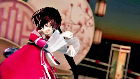 Anime girl in red cheongsam posing gracefully, black hair, traditional style