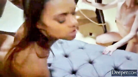 Black wife in intense threesome with nude blonde in front of husband