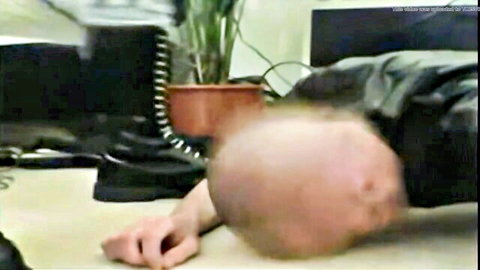 Bald gay submissive trampled under dom's spiked black leather boot