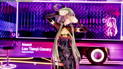 Sexy anime girl with massive tits shyly covering face in skimpy black dress on neon stage