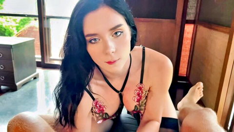 Sweetie Fox in black floral lingerie, teasing in POV closeup