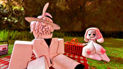 Pink bunny girl with huge tits and ass at outdoor picnic seduction
