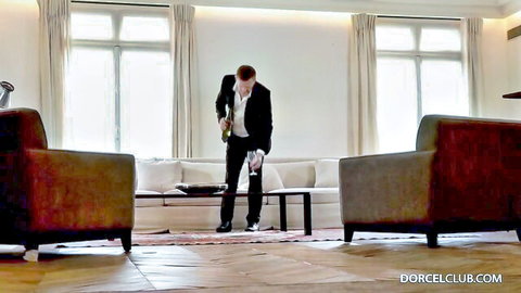 Man in suit prepares for hot girl's anal threesome with boss