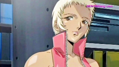 Blonde anime girl in pink sci-fi collar from Harvest Nights hentai